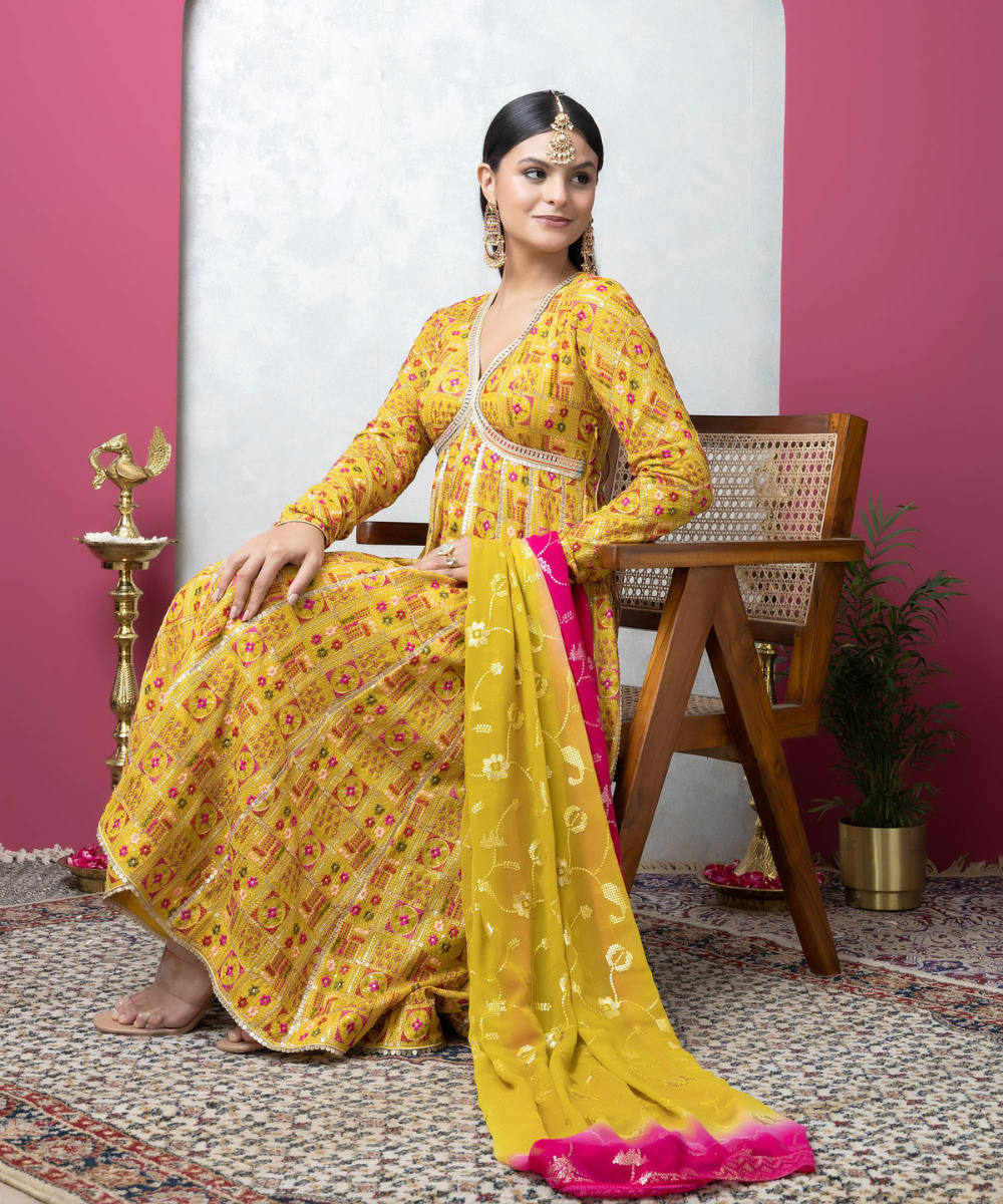 Sunshine Yellow Embroidered Georgette Anarkali Set - Image 6