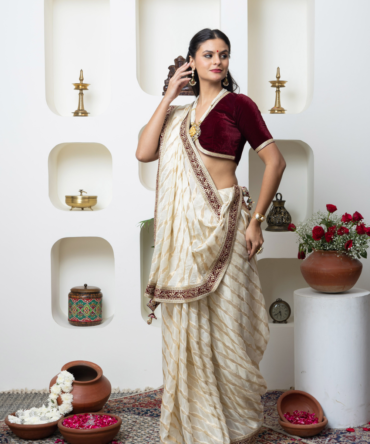 Ivory Gold Shimmer Georgette Designer Saree