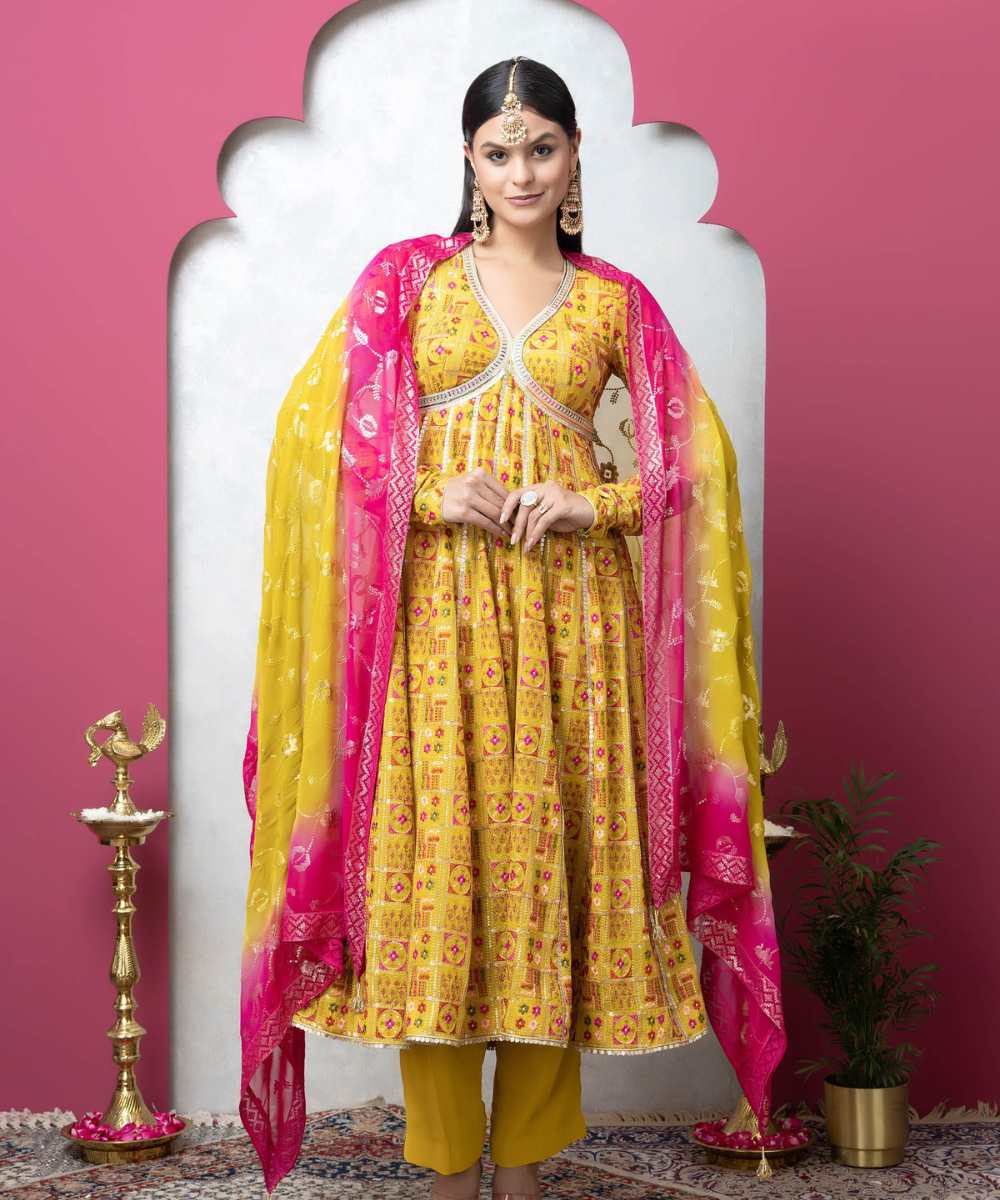 Sunshine Yellow Embroidered Georgette Anarkali Set