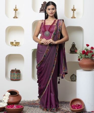 Wine Plum Modal Saree with Parsi Embroidered Border & Corset Style Blouse