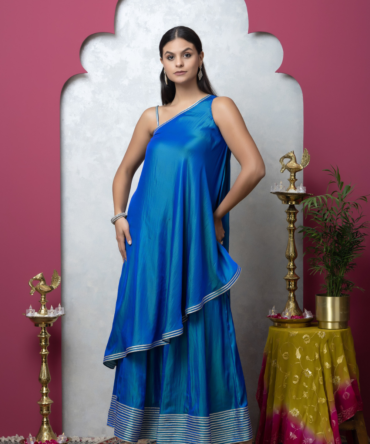 Double-Shaded Blue Cotton Silk Off-Shoulder Gharara Set by INDYAGENIUS Couture