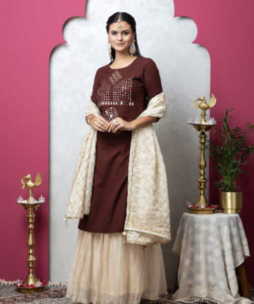Cotton Mirror Work Indo-Western Kurta Set with Tissue Skirt by INDYAGENIUS Couture