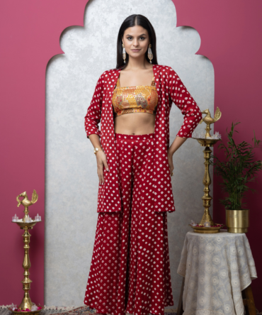 Red Bandhani Modal Indo-Western Cape Co-ord Set by INDYAGENIUS Couture