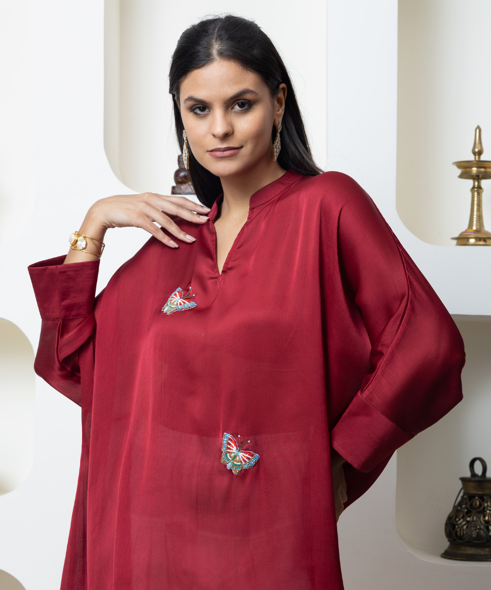 Wine Red Chinon Kaftan Style Indo-Western Set with Hand Embroidered Butterfly & Dhoti Pants - Image 3