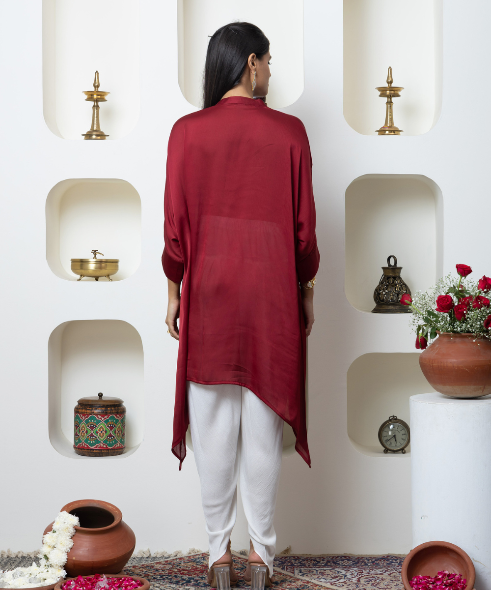 Wine Red Chinon Kaftan Style Indo-Western Set with Hand Embroidered Butterfly & Dhoti Pants - Image 5
