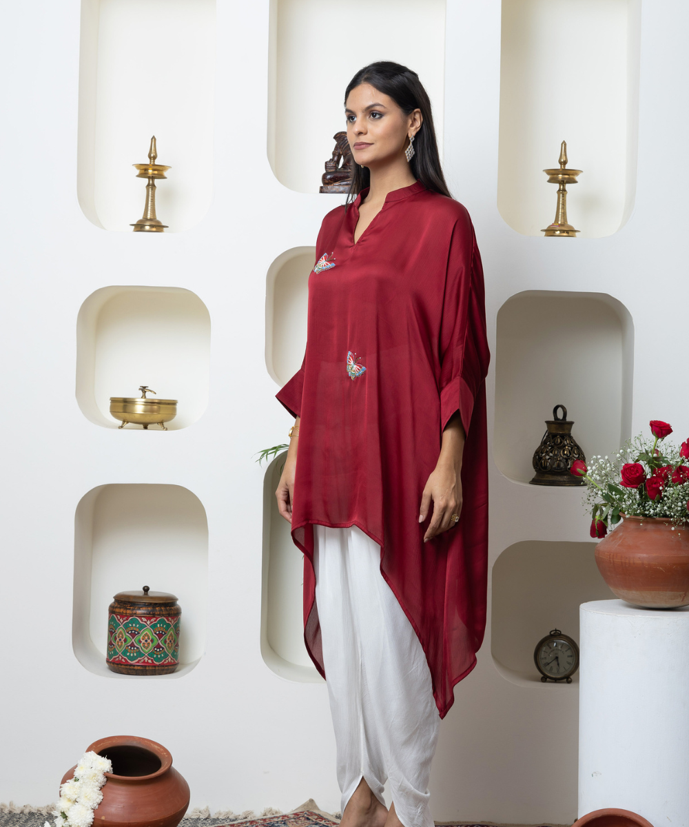 Wine Red Chinon Kaftan Style Indo-Western Set with Hand Embroidered Butterfly & Dhoti Pants - Image 2