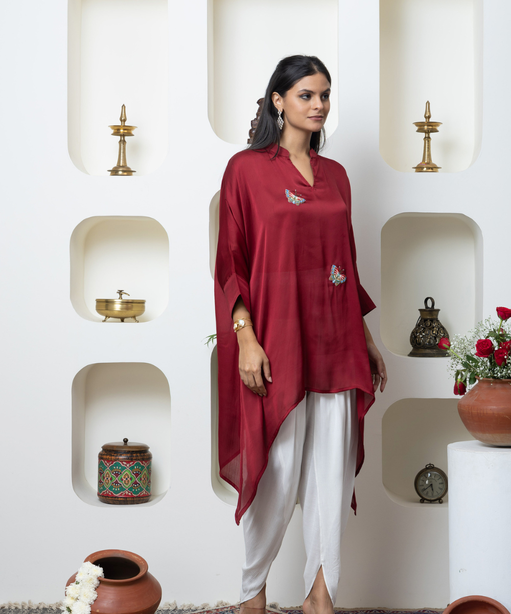 Wine Red Chinon Kaftan Style Indo-Western Set with Hand Embroidered Butterfly & Dhoti Pants - Image 4