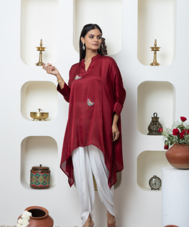Wine Red Chinon Indo-Western Kaftan Set with Dhoti Pants by INDYAGENIUS Couture