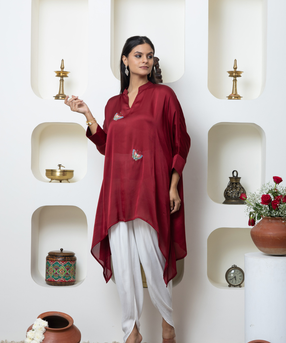 Wine Red Chinon Indo-Western Kaftan Set with Dhoti Pants by INDYAGENIUS Couture
