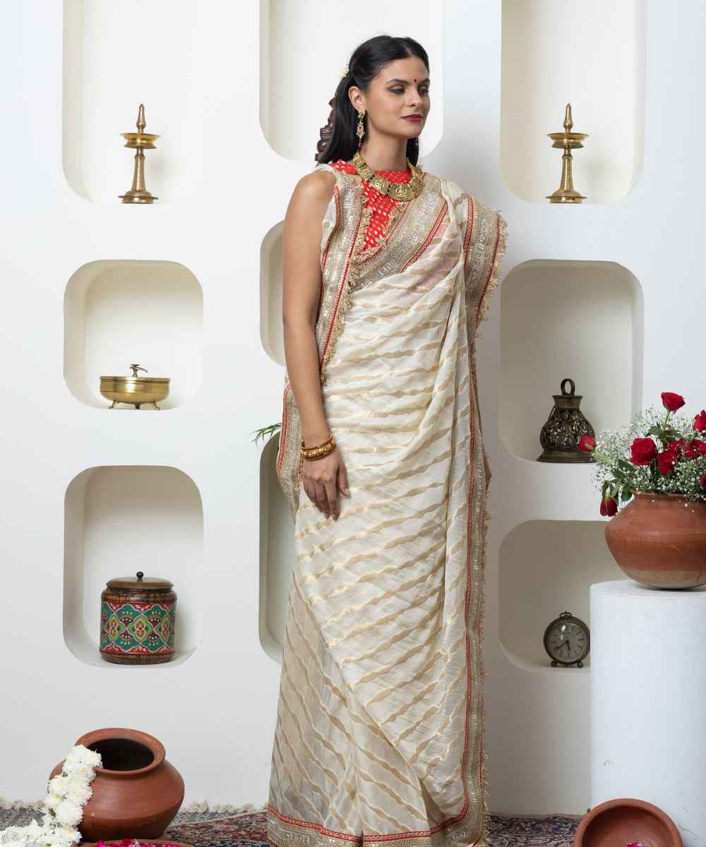 Ivory Shimmer Georgette Saree with Sanskrit Heritage Border & Red Accent Detailing - Image 3