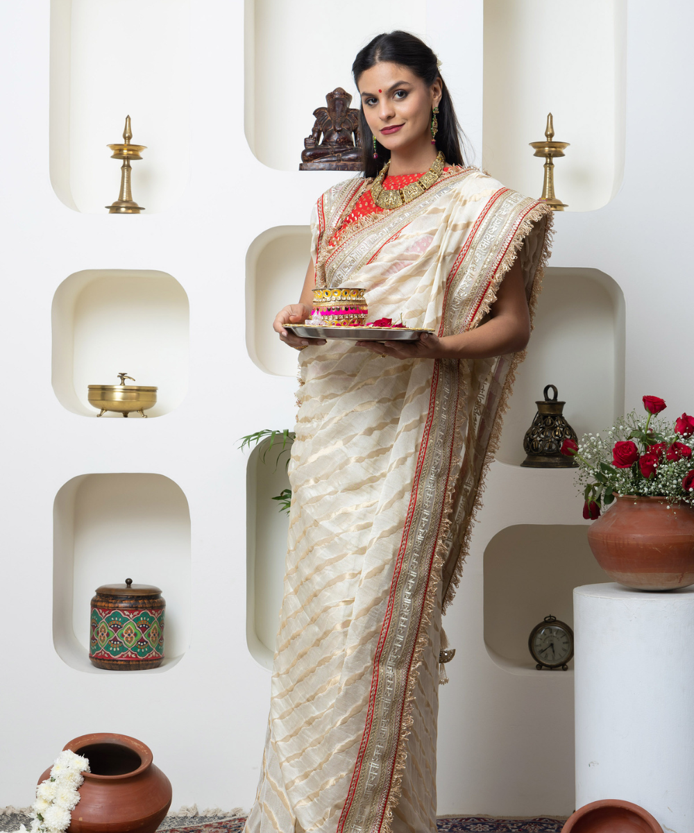 Ivory Shimmer Georgette Saree with Sanskrit Heritage Border & Red Accent Detailing - Image 2