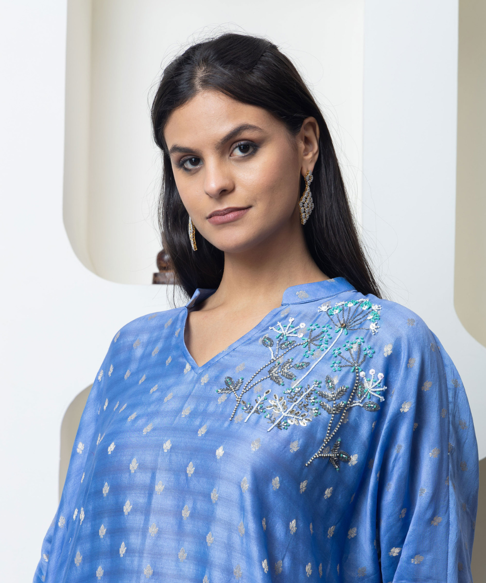 Sky Blue Chanderi Indo-Western Kaftan Set with Hand Embroidered Floral Motifs & Dhoti Pants - Image 4