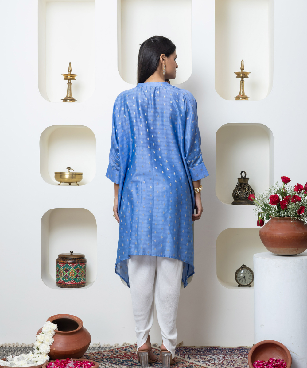 Sky Blue Chanderi Indo-Western Kaftan Set with Hand Embroidered Floral Motifs & Dhoti Pants - Image 5