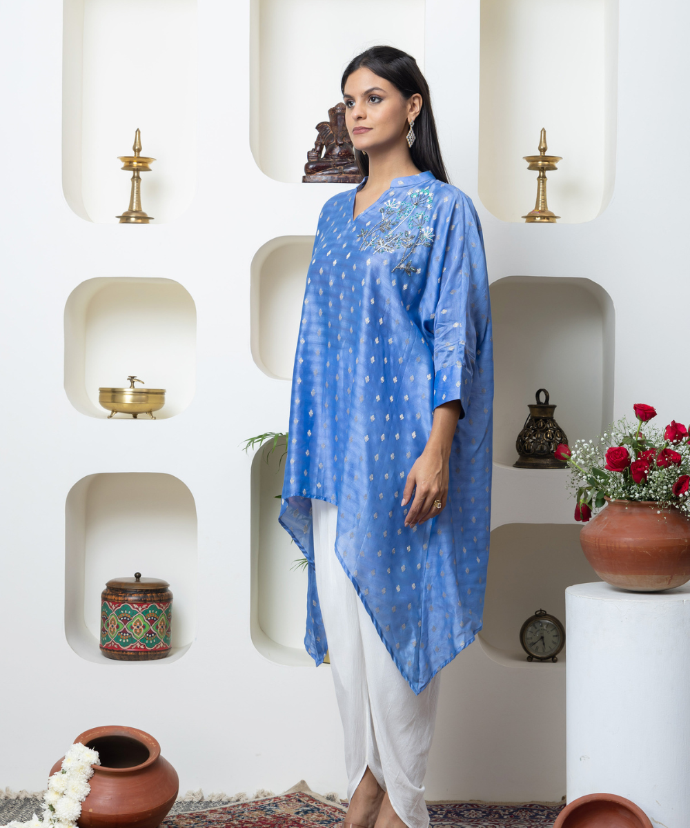 Sky Blue Chanderi Indo-Western Kaftan Set with Hand Embroidered Floral Motifs & Dhoti Pants - Image 3