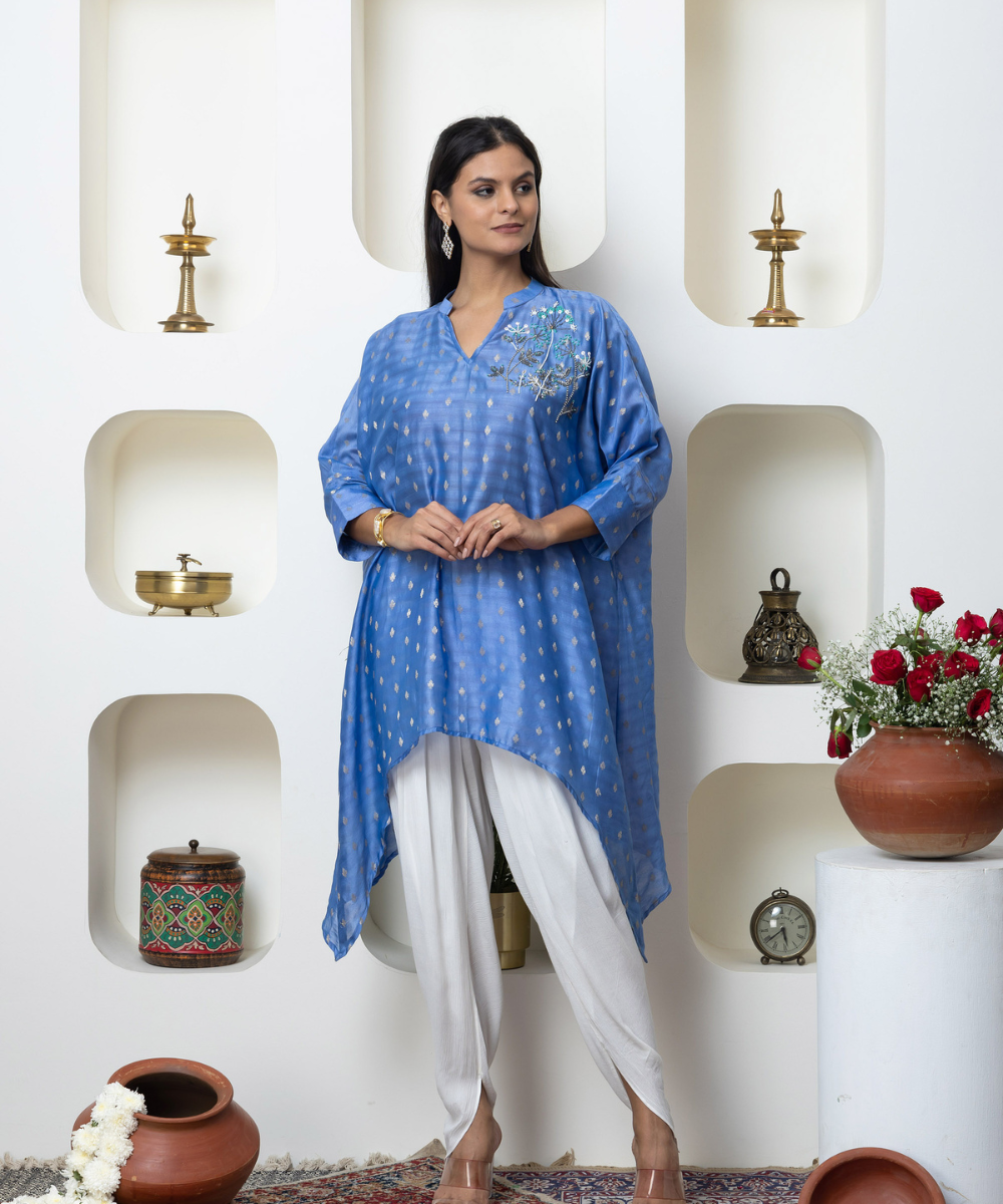Sky Blue Chanderi Indo-Western Kaftan Set with Dhoti Pants by INDYAGENIUS Couture
