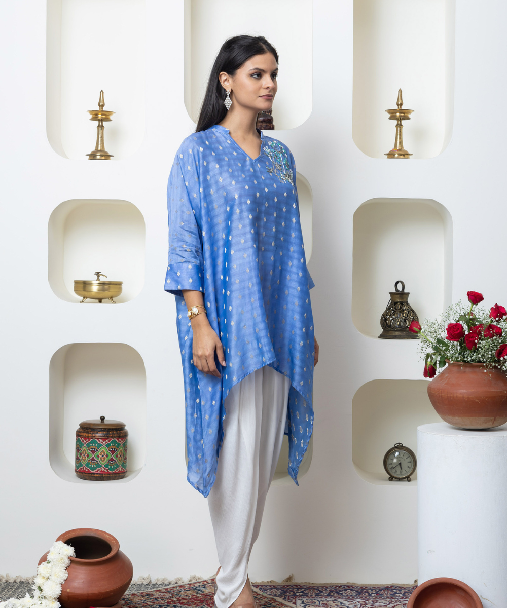 Sky Blue Chanderi Indo-Western Kaftan Set with Hand Embroidered Floral Motifs & Dhoti Pants - Image 2
