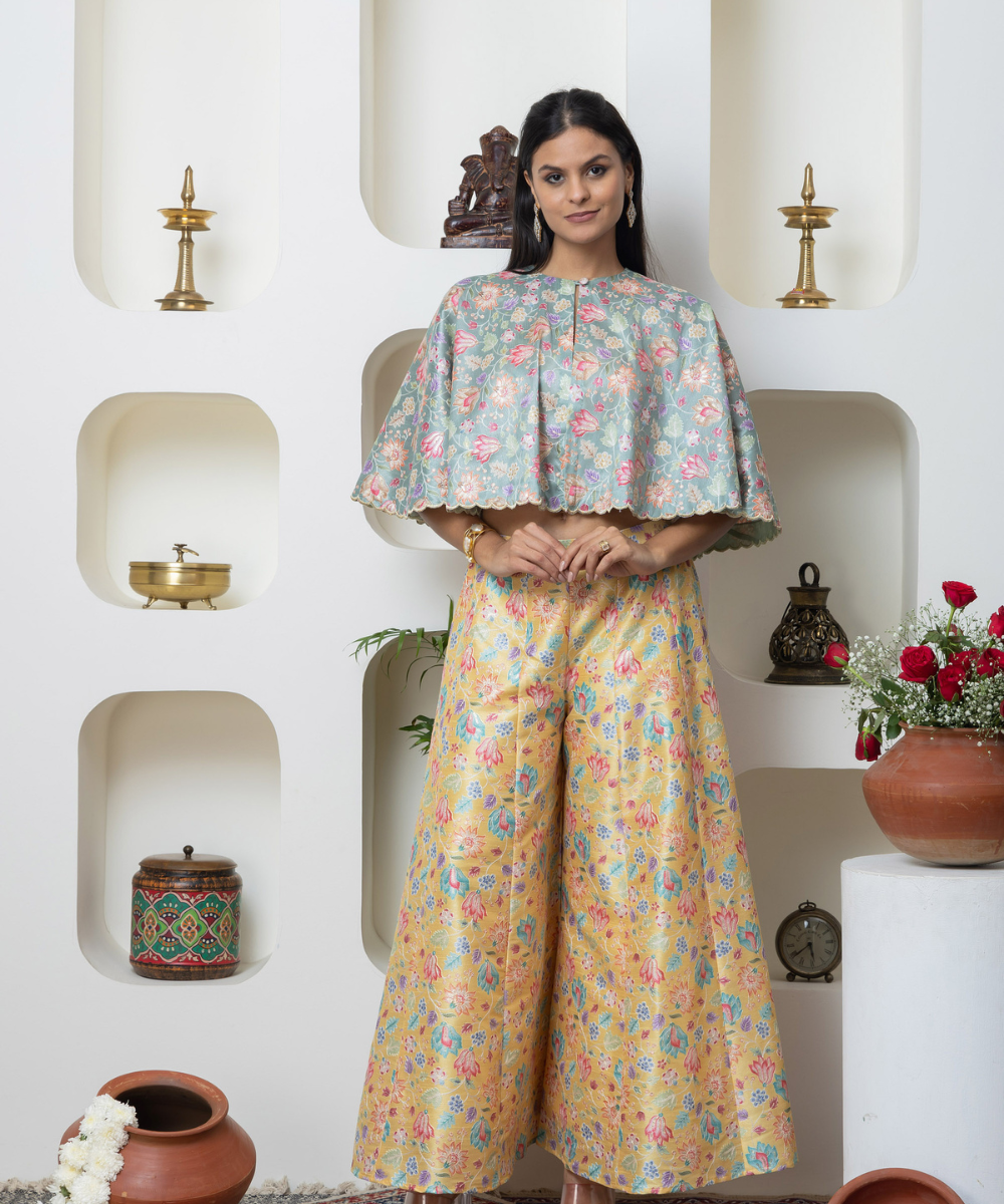 Pastel Brocade Indo-Western 3-Piece Set with Padded Tube Top, Cape & Flared Pants - Image 2