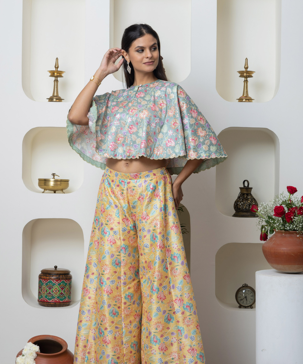 Pastel Brocade Indo-Western 3-Piece Set with Cape and Flared Pants by INDYAGENIUS Couture