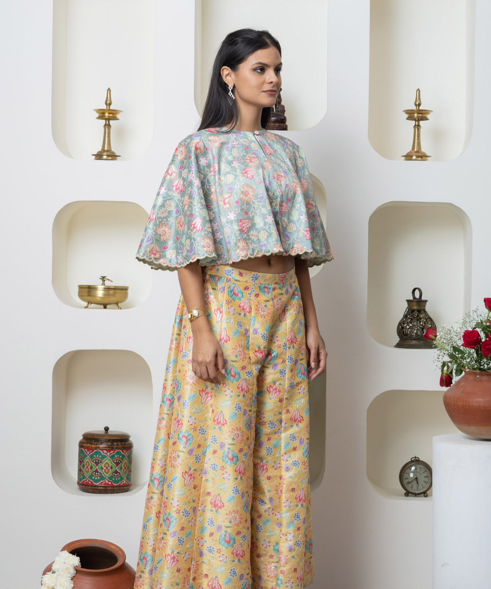 Pastel Brocade Indo-Western 3-Piece Set with Padded Tube Top, Cape & Flared Pants - Image 7