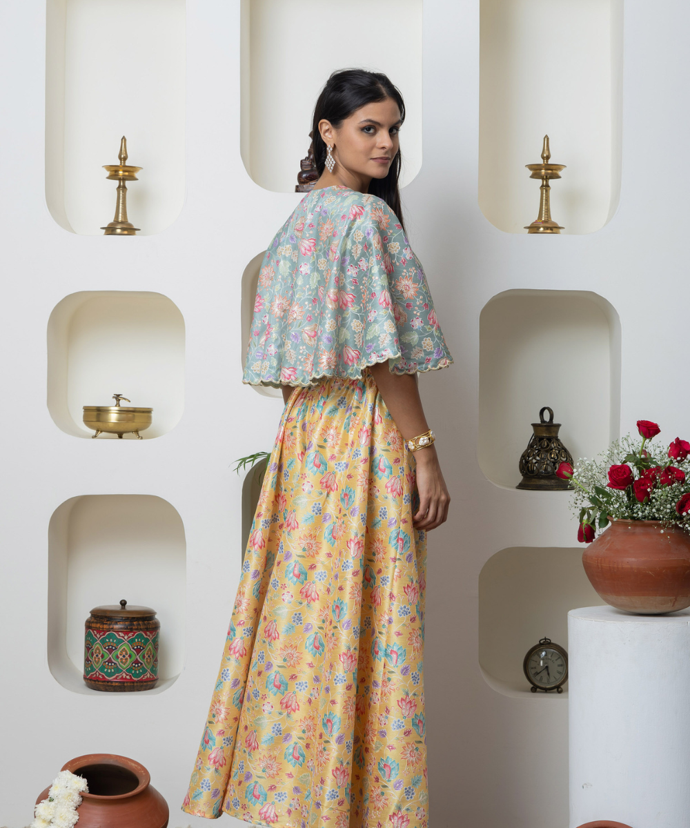 Pastel Brocade Indo-Western 3-Piece Set with Padded Tube Top, Cape & Flared Pants - Image 3