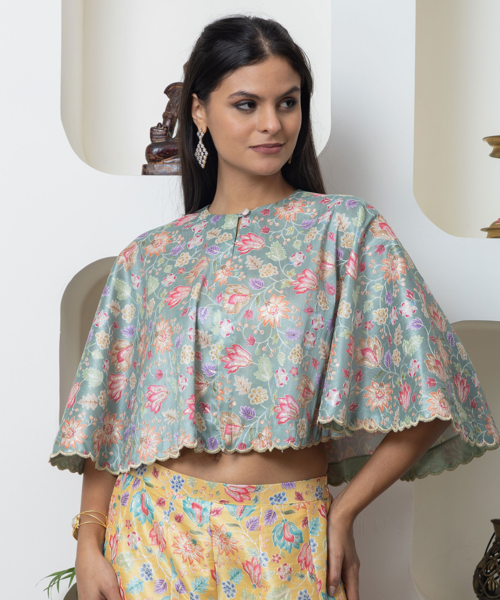 Pastel Brocade Indo-Western 3-Piece Set with Padded Tube Top, Cape & Flared Pants - Image 6