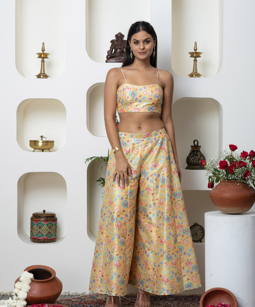 Pastel Brocade Indo-Western 3-Piece Set with Padded Tube Top, Cape & Flared Pants - Image 4
