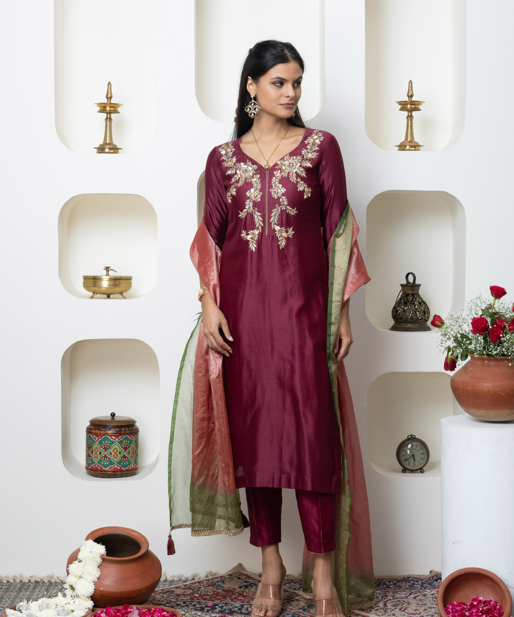 Wine Maroon Chanderi Kurta Set with Zardozi Work by INDYAGENIUS Couture