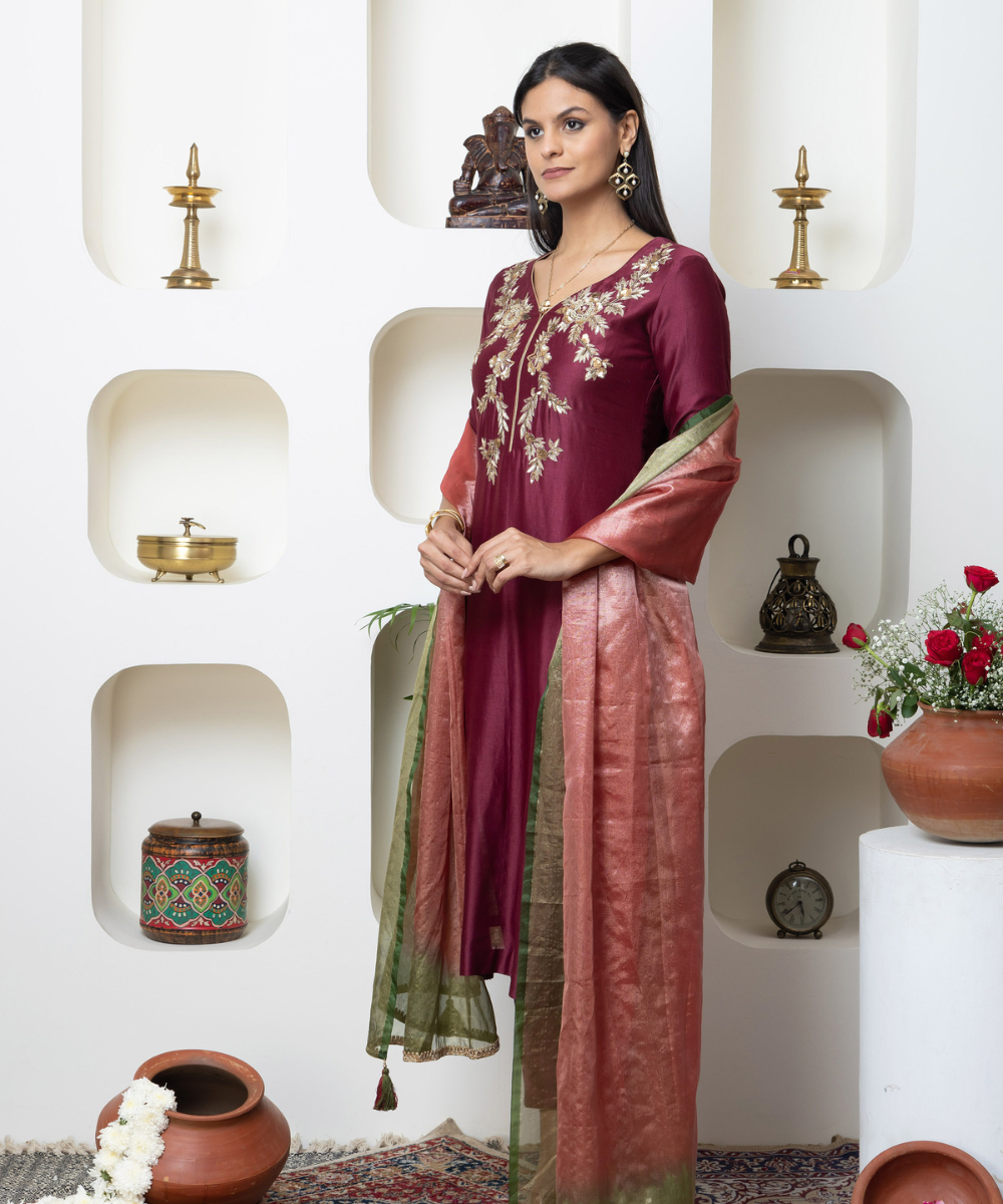 Wine Maroon Chanderi Hand Embroidered Kurta Set - Image 2