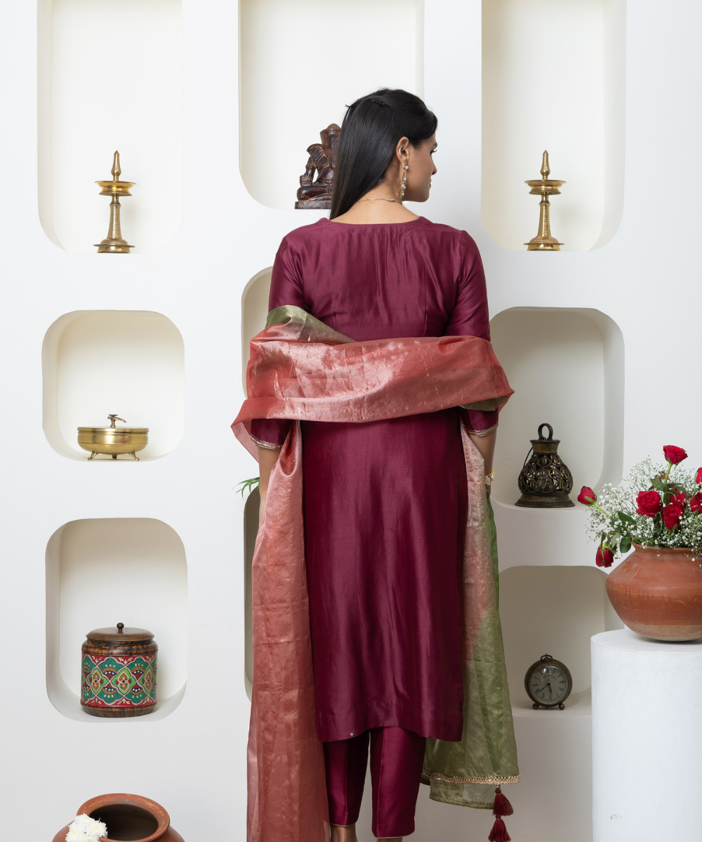 Wine Maroon Chanderi Hand Embroidered Kurta Set - Image 5