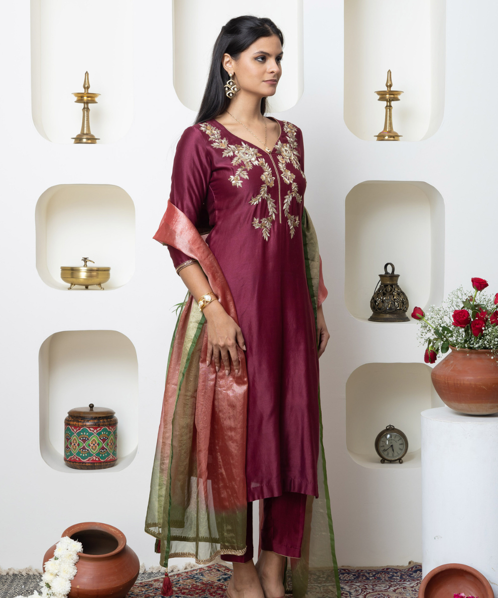 Wine Maroon Chanderi Hand Embroidered Kurta Set - Image 4