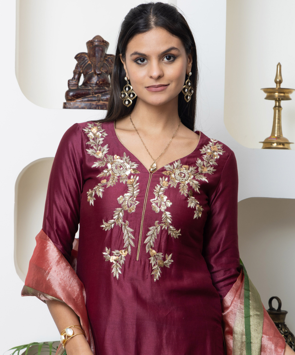 Wine Maroon Chanderi Hand Embroidered Kurta Set - Image 3