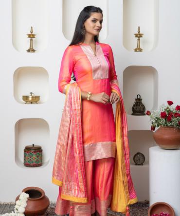 Pastel Dual-Shaded Silk Kurta Set with Handcrafted Gota Lace Work by INDYAGENIUS Couture