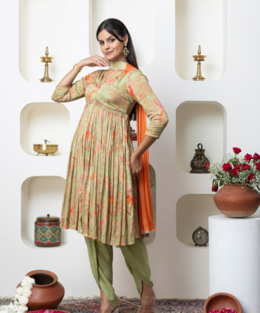 Green Floral Printed Gorgettec Anarkali Kurta Set by INDYAGENIUS Couture