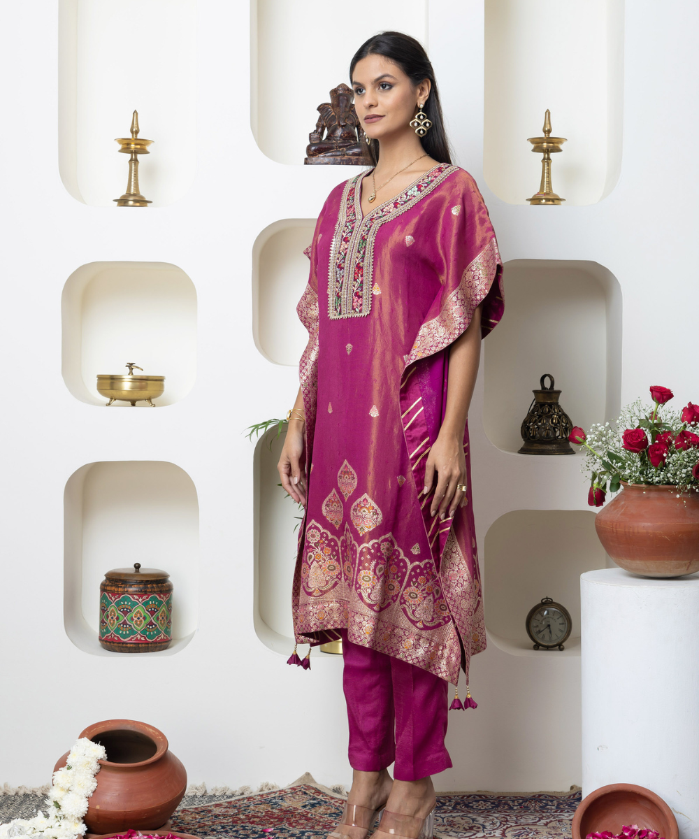 Magenta Tissue Self-Woven Indo-Western Kaftan Set with Embroidered Neckline & Gota Lace Finishing. - Image 5