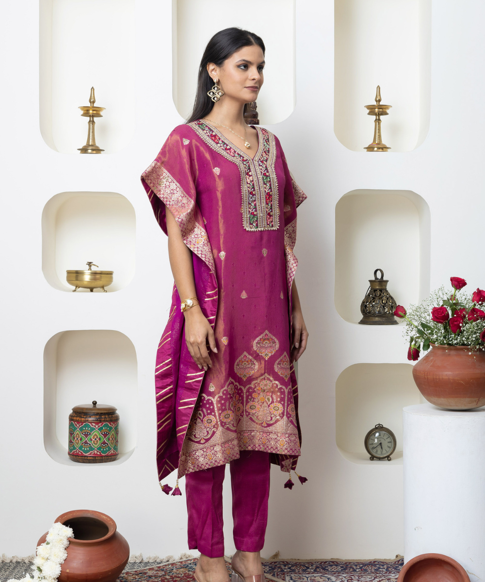 Magenta Tissue Self-Woven Indo-Western Kaftan Set with Embroidered Neckline & Gota Lace Finishing. - Image 4