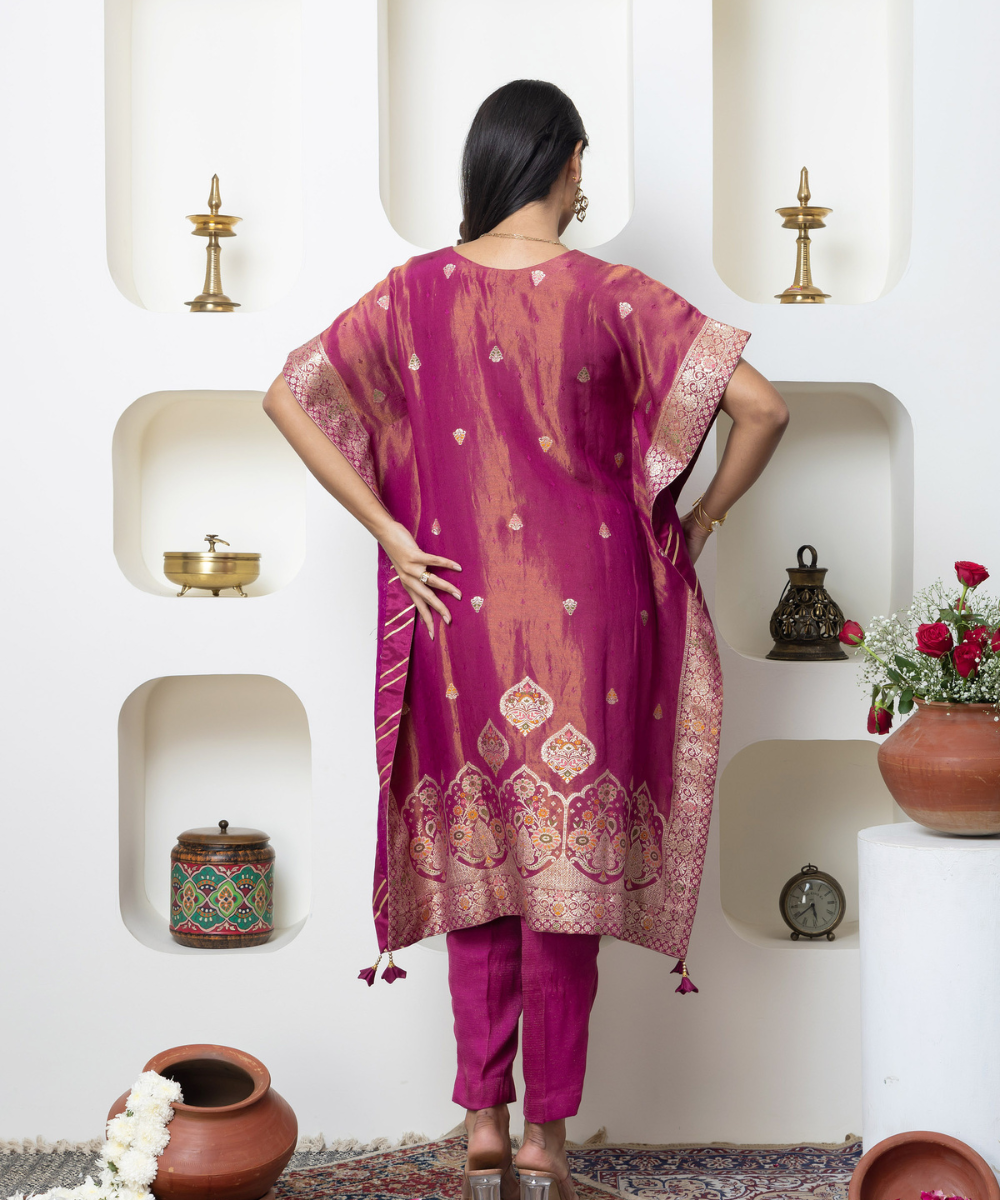 Magenta Tissue Self-Woven Indo-Western Kaftan Set with Embroidered Neckline & Gota Lace Finishing. - Image 3