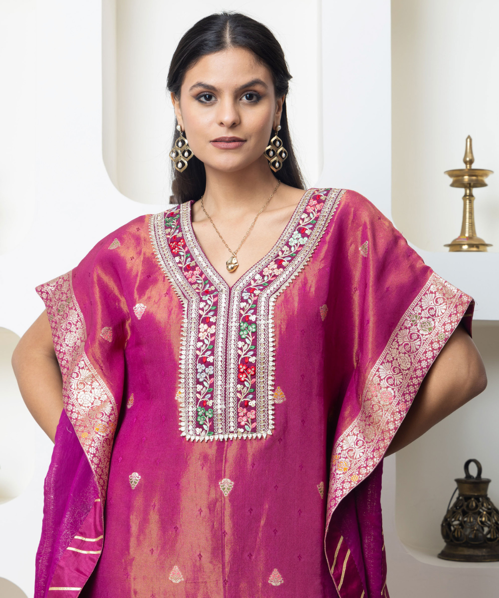 Magenta Tissue Self-Woven Indo-Western Kaftan Set with Embroidered Neckline & Gota Lace Finishing. - Image 2