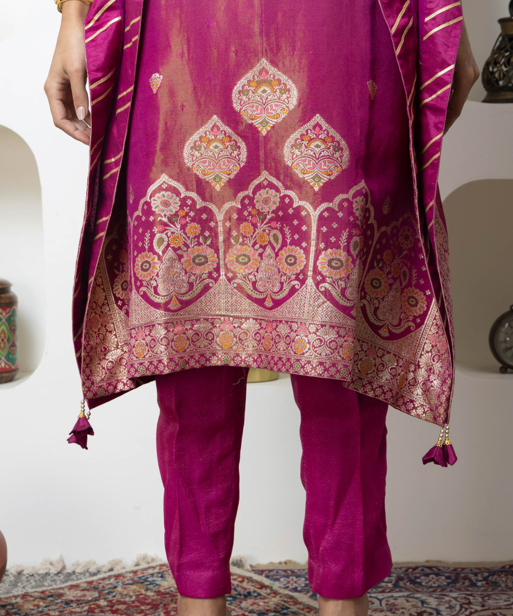 Magenta Tissue Self-Woven Indo-Western Kaftan Set with Embroidered Neckline & Gota Lace Finishing. - Image 6