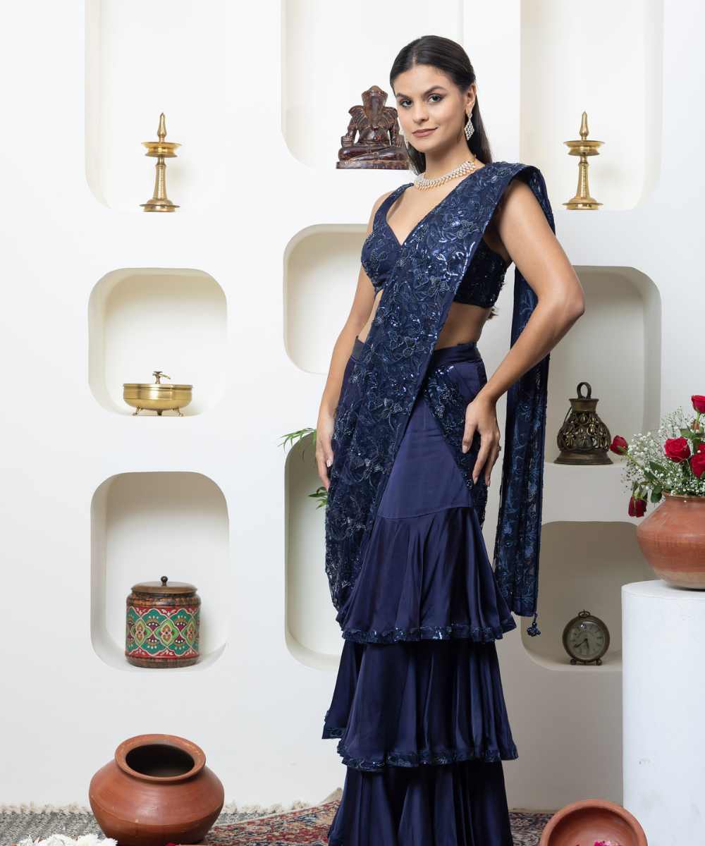 Navy Blue Satin Layered Lehenga Saree with Embroidered Palla by INDYAGENIUS Couture