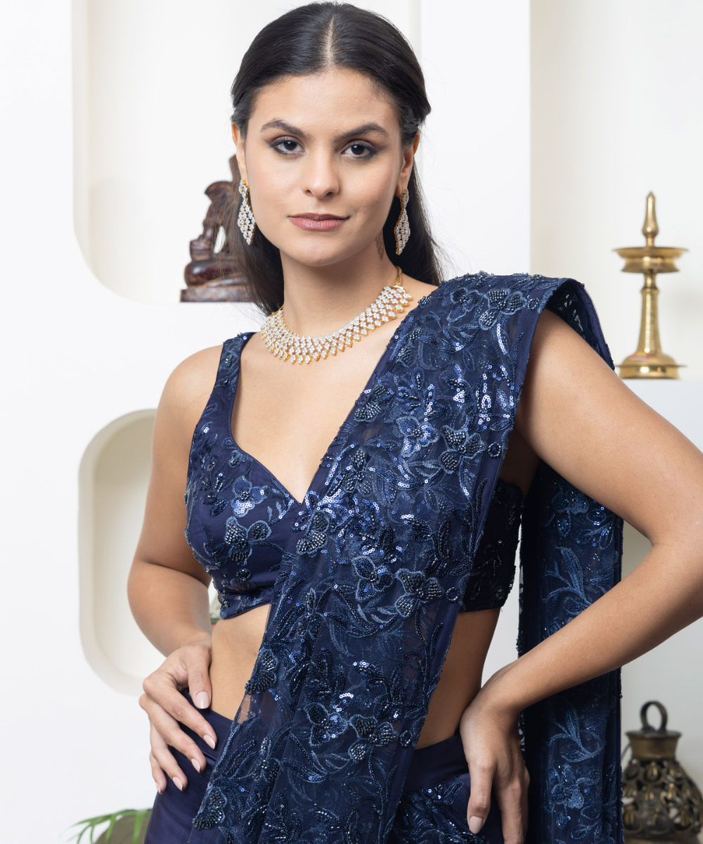 Navy Blue Satin Layered Lehenga Saree with Heavy Embroidered Palla & Designer Padded Blouse - Image 5