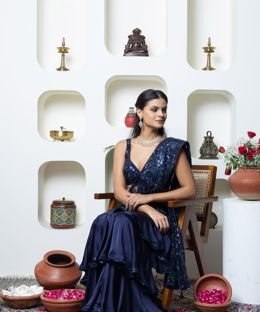 Navy Blue Satin Layered Lehenga Saree with Heavy Embroidered Palla & Designer Padded Blouse - Image 3
