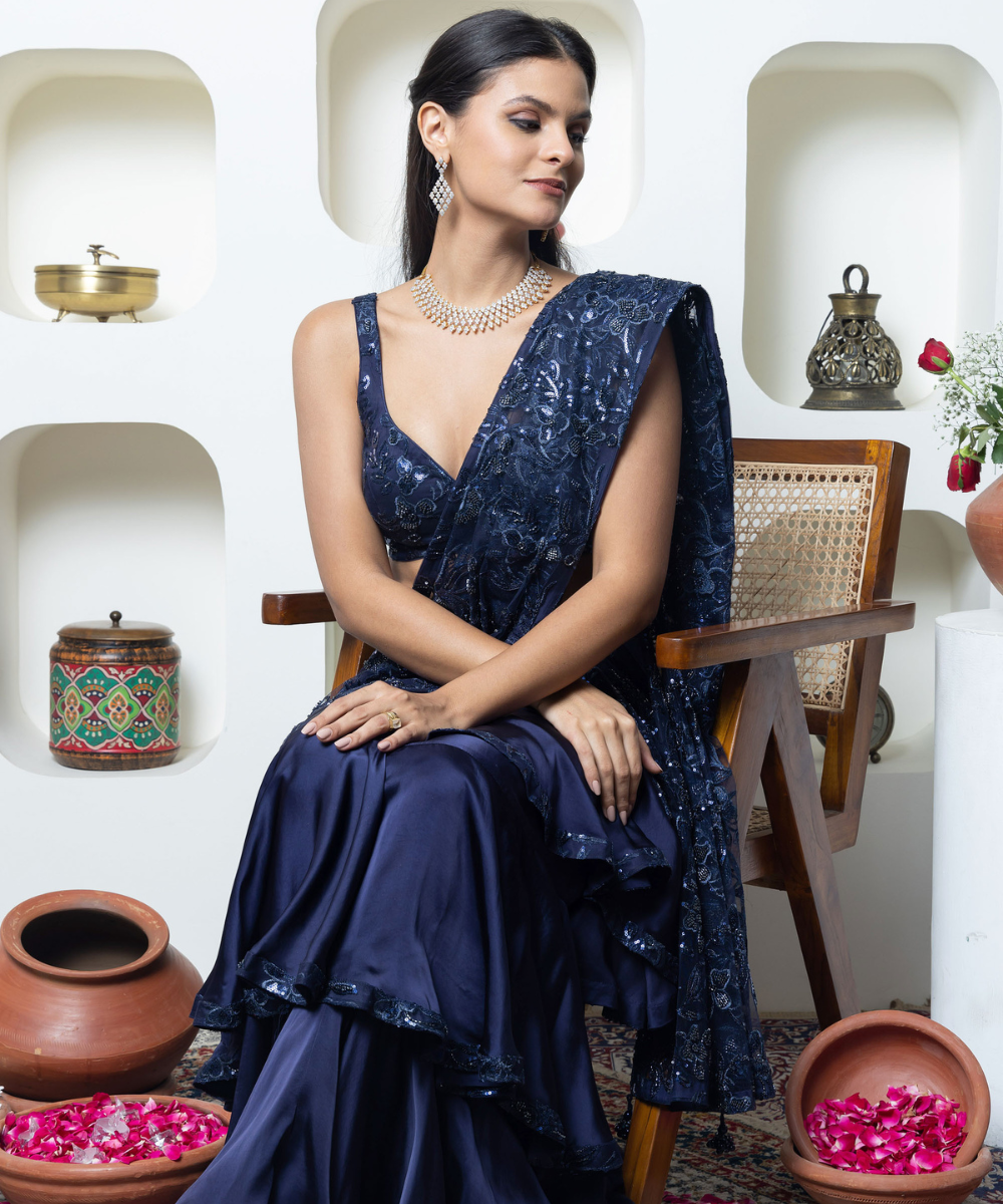 Navy Blue Satin Layered Lehenga Saree with Heavy Embroidered Palla & Designer Padded Blouse - Image 4