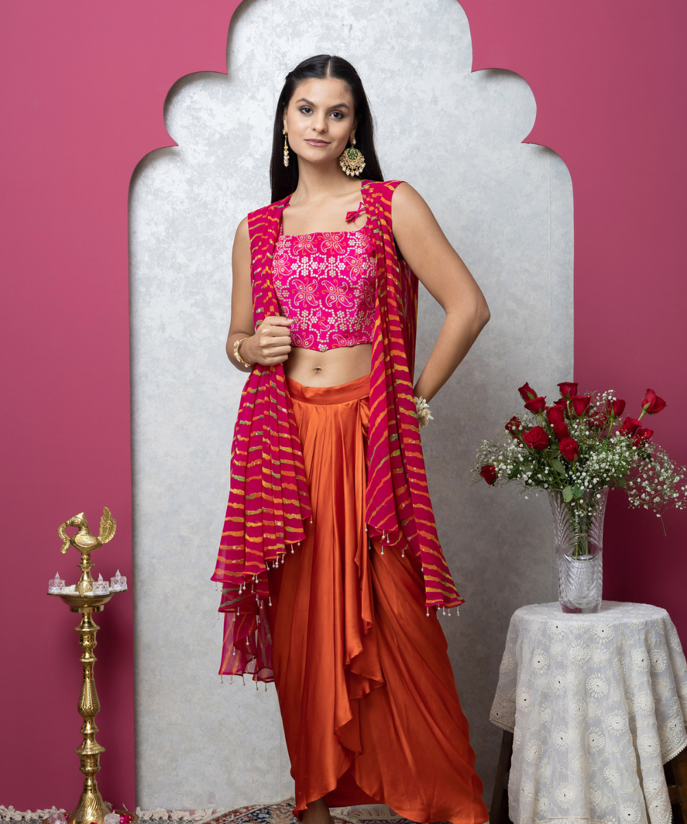 Satin Drape Skirt Indo-Western Set with Leheriya Waterfall Cape & Corset Blouse - Image 2