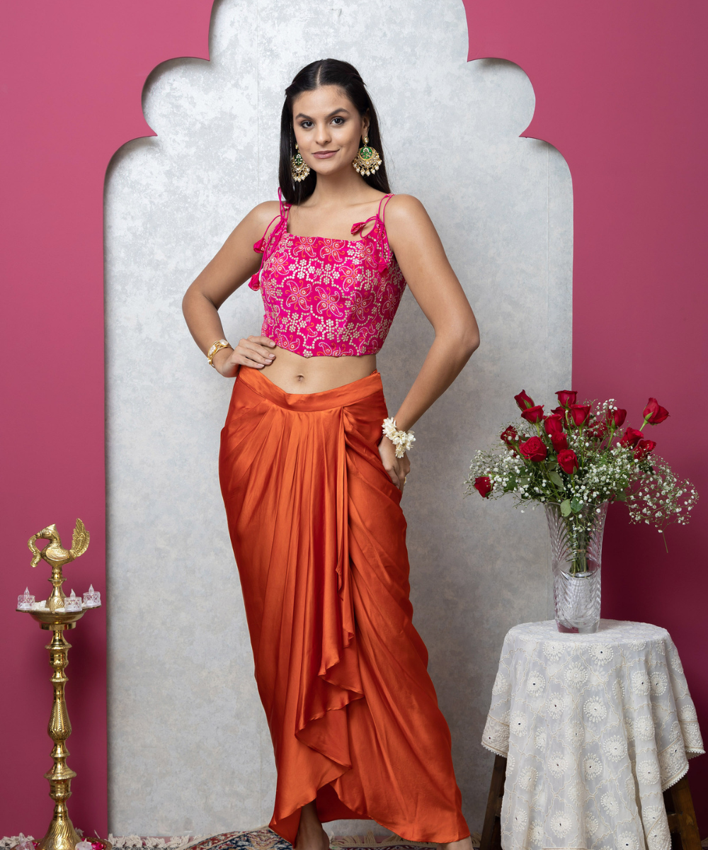 Satin Drape Skirt Indo-Western Set with Leheriya Waterfall Cape & Corset Blouse - Image 4