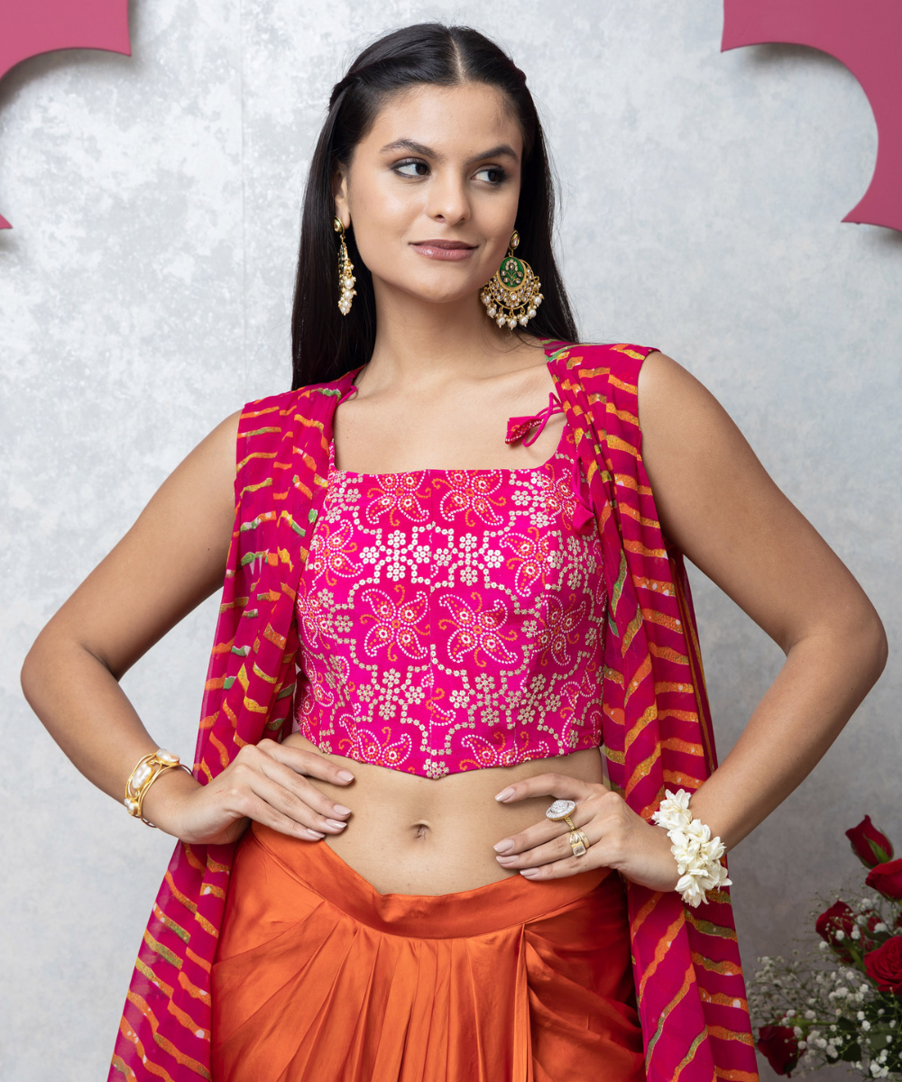 Satin Drape Skirt Indo-Western Set with Leheriya Waterfall Cape & Corset Blouse - Image 3