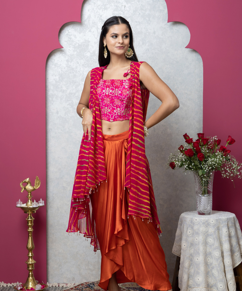 Satin Drape Skirt Indo-Western Set with Leheriya Cape by INDYAGENIUS Couture