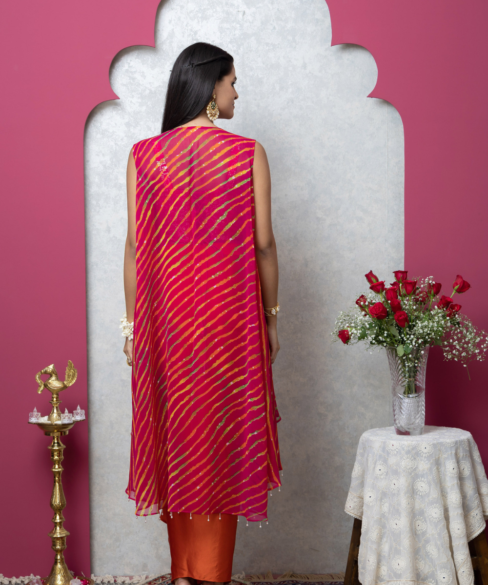 Satin Drape Skirt Indo-Western Set with Leheriya Waterfall Cape & Corset Blouse - Image 5