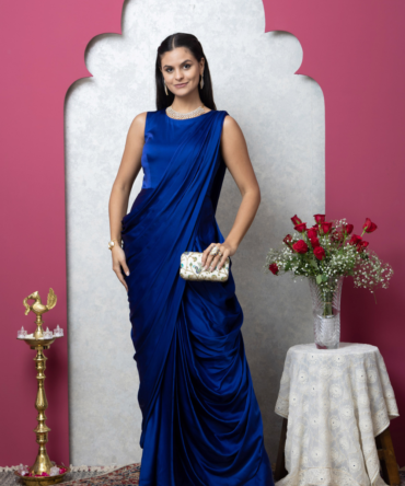 Royal Blue Satin Silk Saree Gown with Draped Cowl Palla by INDYAGENIUS Couture