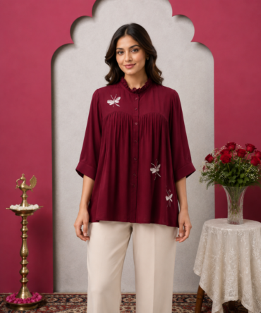 Maroon Crepe Top with Ruffled Collar & Dragonfly Embroidery