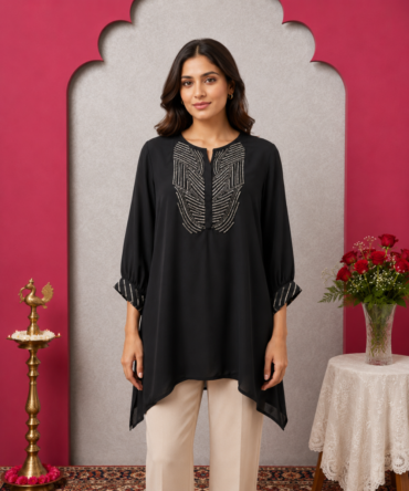 Black Satin Tunic with Metallic Beaded Yoke & Asymmetric Hem